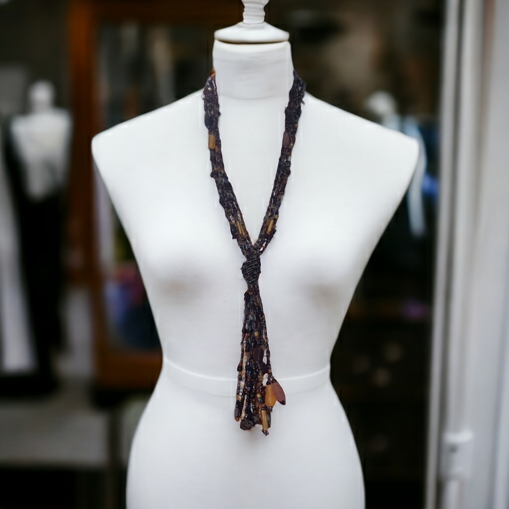Beaded Ethnic Necklace Tassel, Indonesian Multicolor Glass Seed Bead Necklace